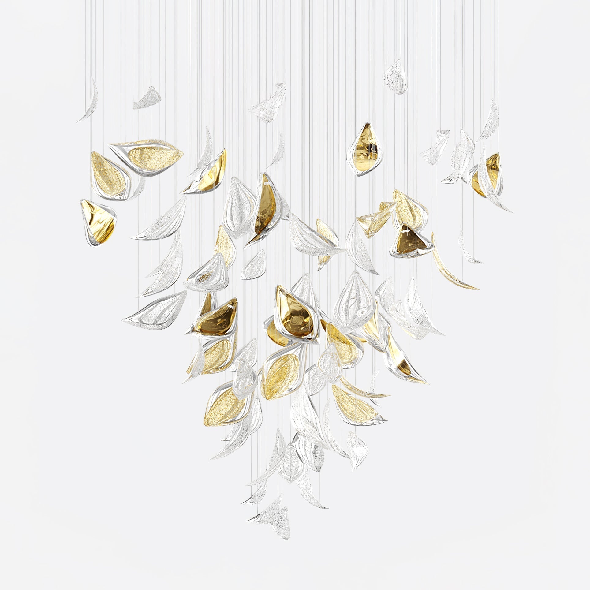 Floating Leaves Chandelier Dia 47.2″ x 78.7″ / Dia 120cm x 200cm / Gold & Clear / Warm Light Chandelier