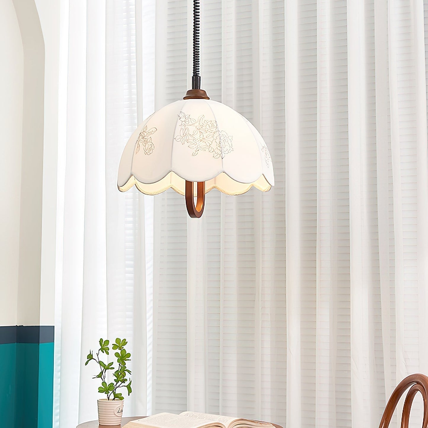 Floral Grace Pendant Lamp Dia 18.1″ x H 18.1″ / Walnut color & White Pendant light