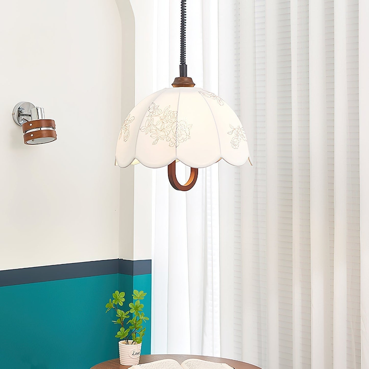 Floral Grace Pendant Lamp Dia 18.1″ x H 18.1″ / Walnut color & White Pendant light