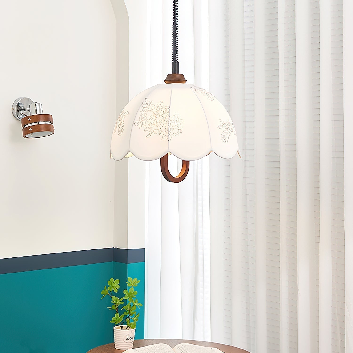 Floral Grace Pendant Lamp Dia 18.1″ x H 18.1″ / Walnut color & White Pendant light