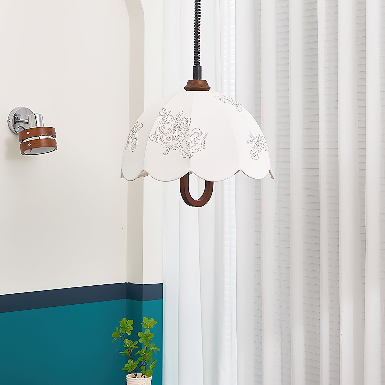 Floral Grace Pendant Lamp Dia 18.1″ x H 18.1″ / Walnut color & White Pendant light