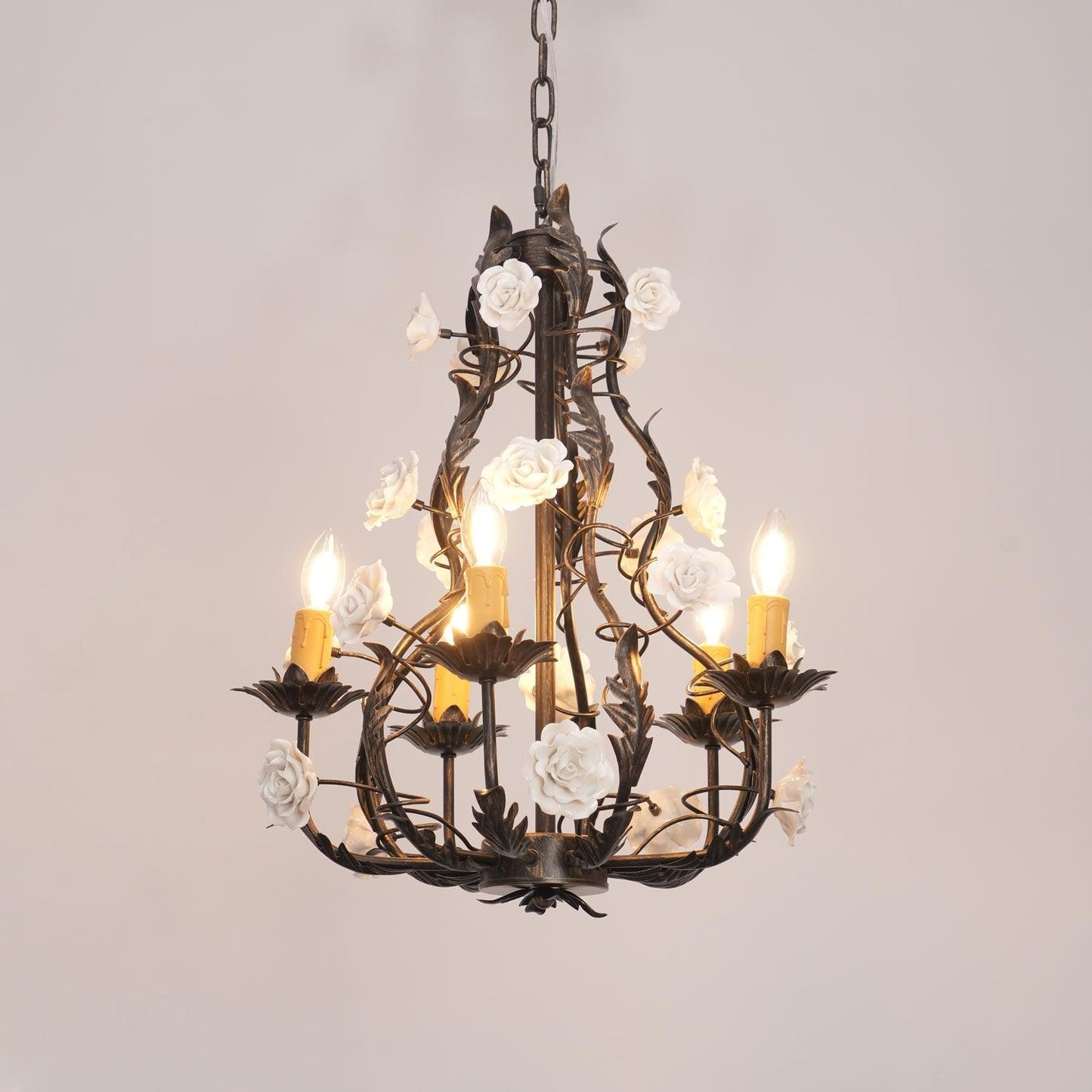 Florentine Rose Garden Chandelier 5 heads Φ 18.9″ x H 22.8″ / Dia 48cm x H 58cm / Black gold & White Chandelier