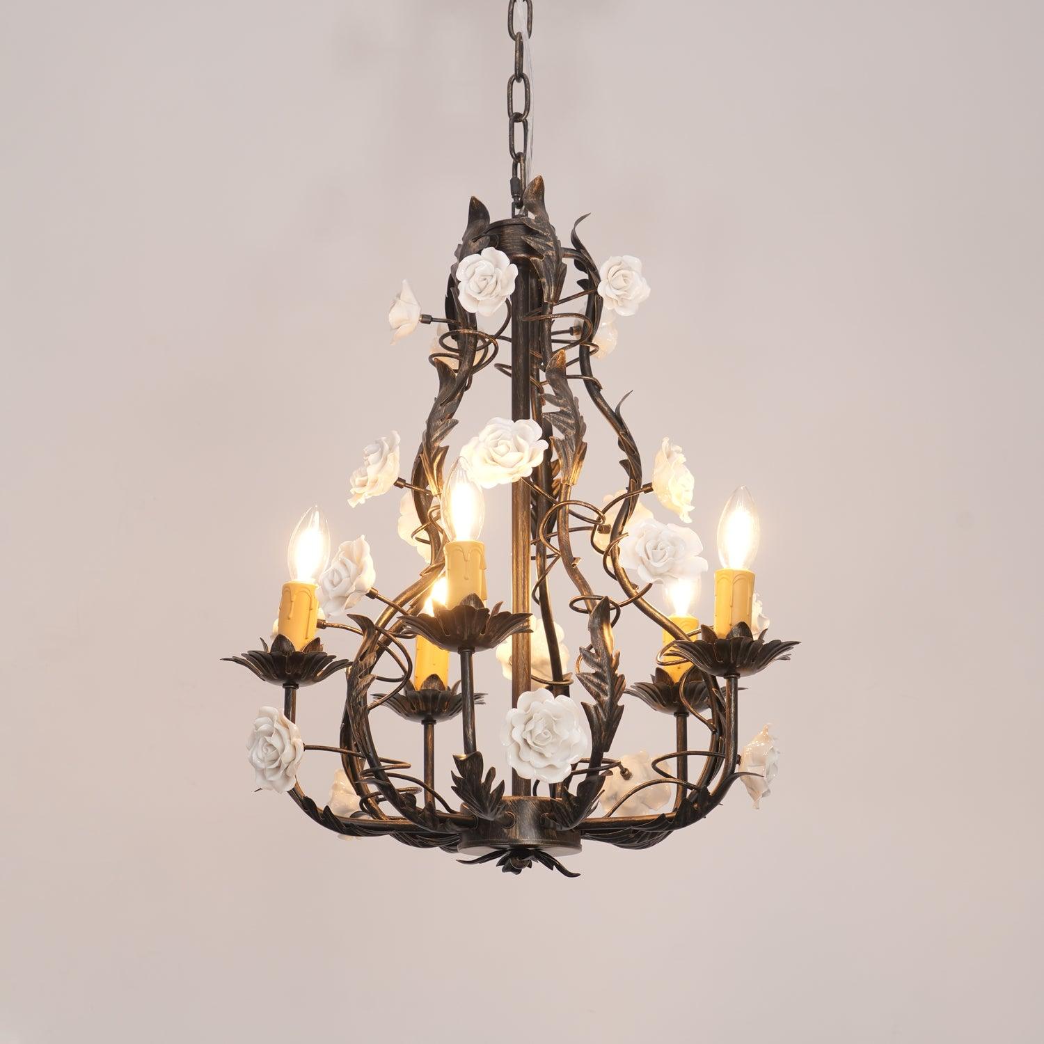 Florentine Rose Garden Chandelier 5 heads Φ 18.9″ x H 22.8″ / Dia 48cm x H 58cm / Black gold & White Chandelier