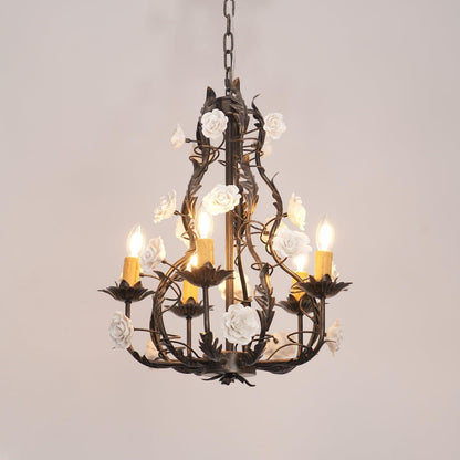 Florentine Rose Garden Chandelier 5 heads Φ 18.9″ x H 22.8″ / Dia 48cm x H 58cm / Black gold & White Chandelier