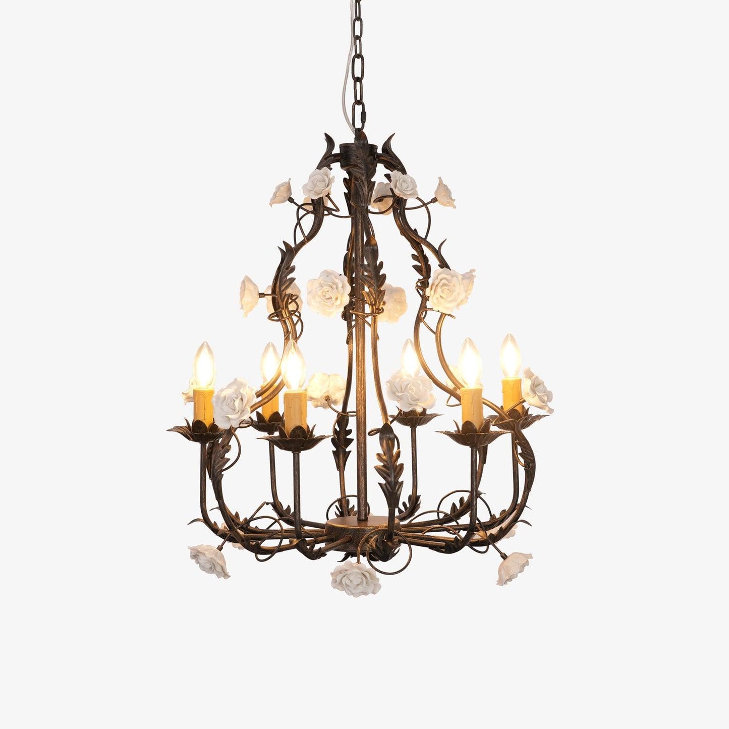 Florentine Rose Garden Chandelier 6 heads Φ 25.6″ x H 28.3″ / Dia 65cm x H 72cm / Black gold & White Chandelier