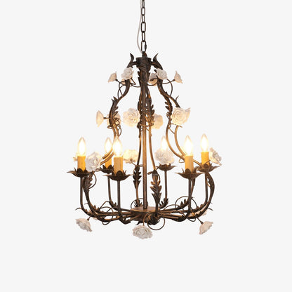 Florentine Rose Garden Chandelier 6 heads Φ 25.6″ x H 28.3″ / Dia 65cm x H 72cm / Black gold & White Chandelier