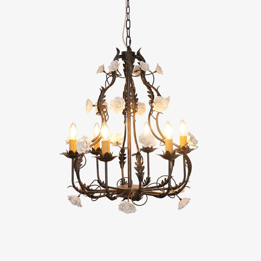 Florentine Rose Garden Chandelier 6 heads Φ 25.6″ x H 28.3″ / Dia 65cm x H 72cm / Black gold & White Chandelier