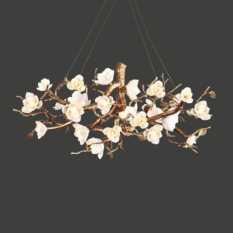 Flower Bloom Branch Brass Chandelier Dia 31.5″ x H 15.7″ / Dia 80cm x H 40cm / Brass & White Chandelier