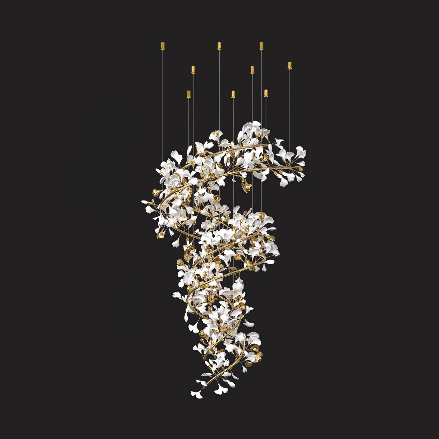 Gingko Chandelier Q ? 31.5″ x H 78.7″ / Dia 80cm x H 200cm Suitable for spaces higher than 13 feet / Gold + White