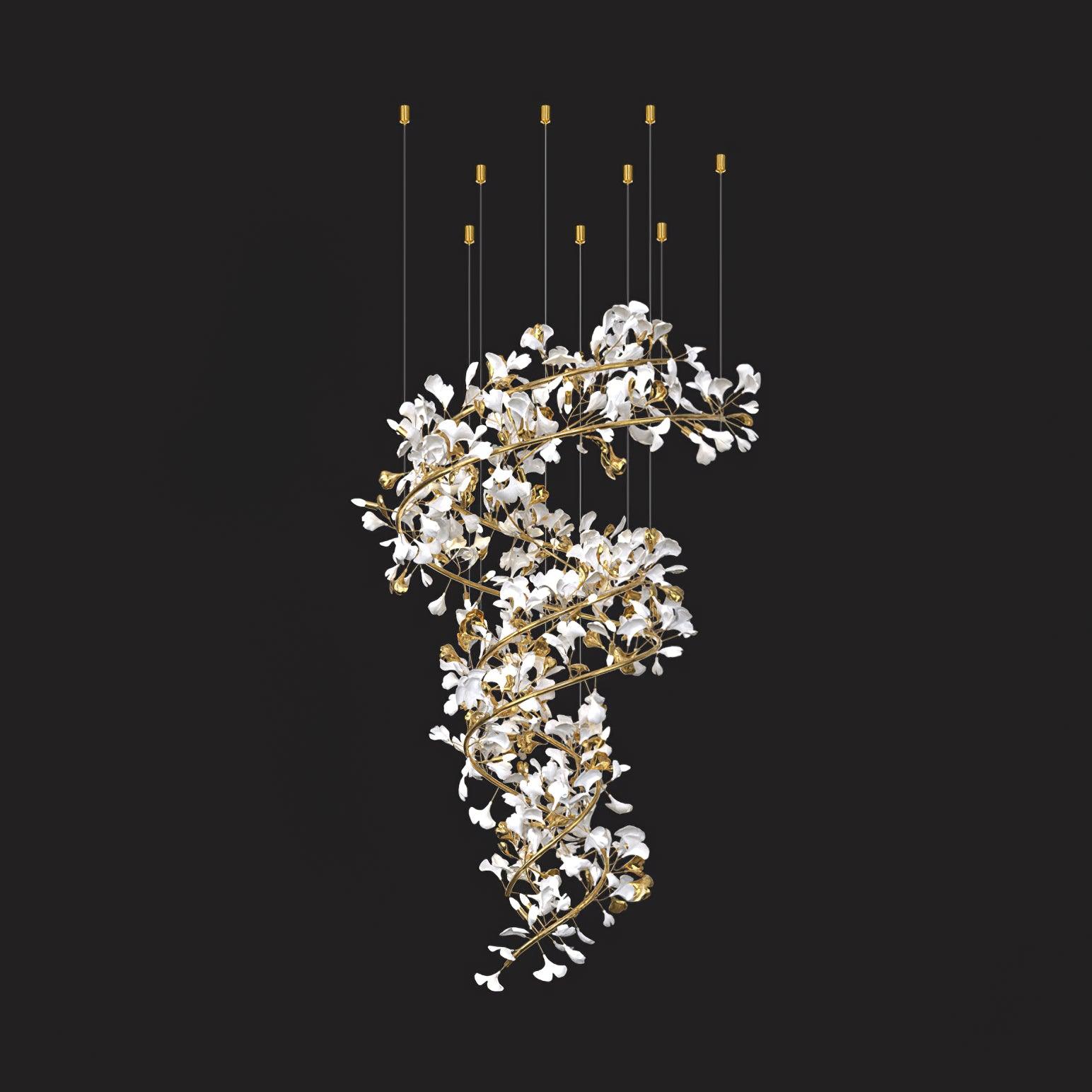 Gingko Chandelier Q ? 31.5″ x H 78.7″ / Dia 80cm x H 200cm Suitable for spaces higher than 13 feet / Gold + White