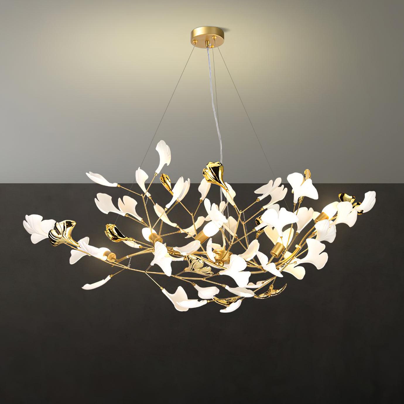 Gingko Chandelier S L 39.4″ x H 17.7″ / L 100cm x H 45cm / Gold + White Chandelier