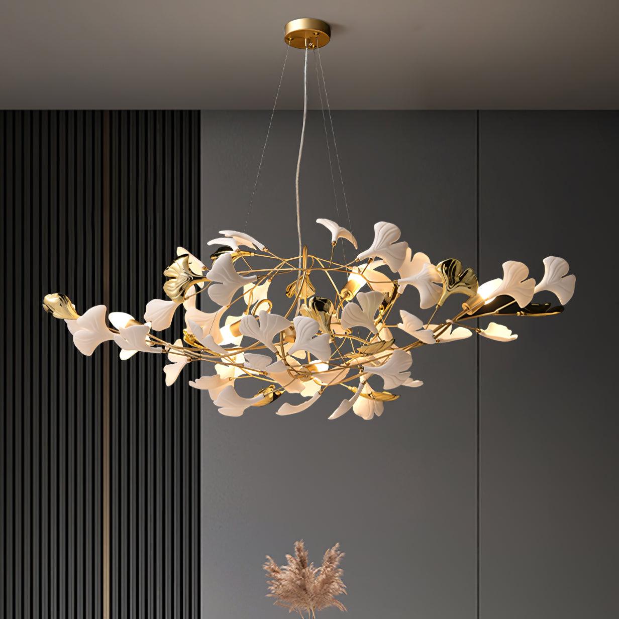 Gingko Chandelier S L 59″ x H 19.7″ / L 150cm x H 50cm / Gold + White Chandelier