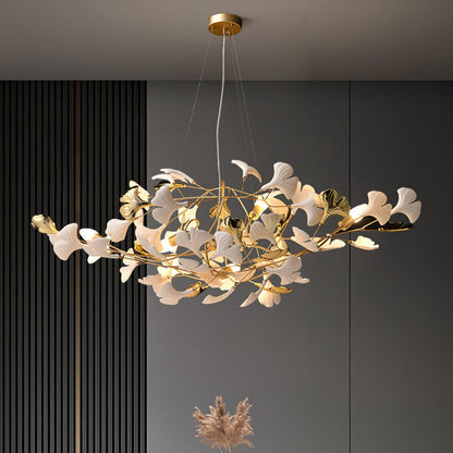 Gingko Chandelier S L 59″ x H 19.7″ / L 150cm x H 50cm / Gold + White Chandelier