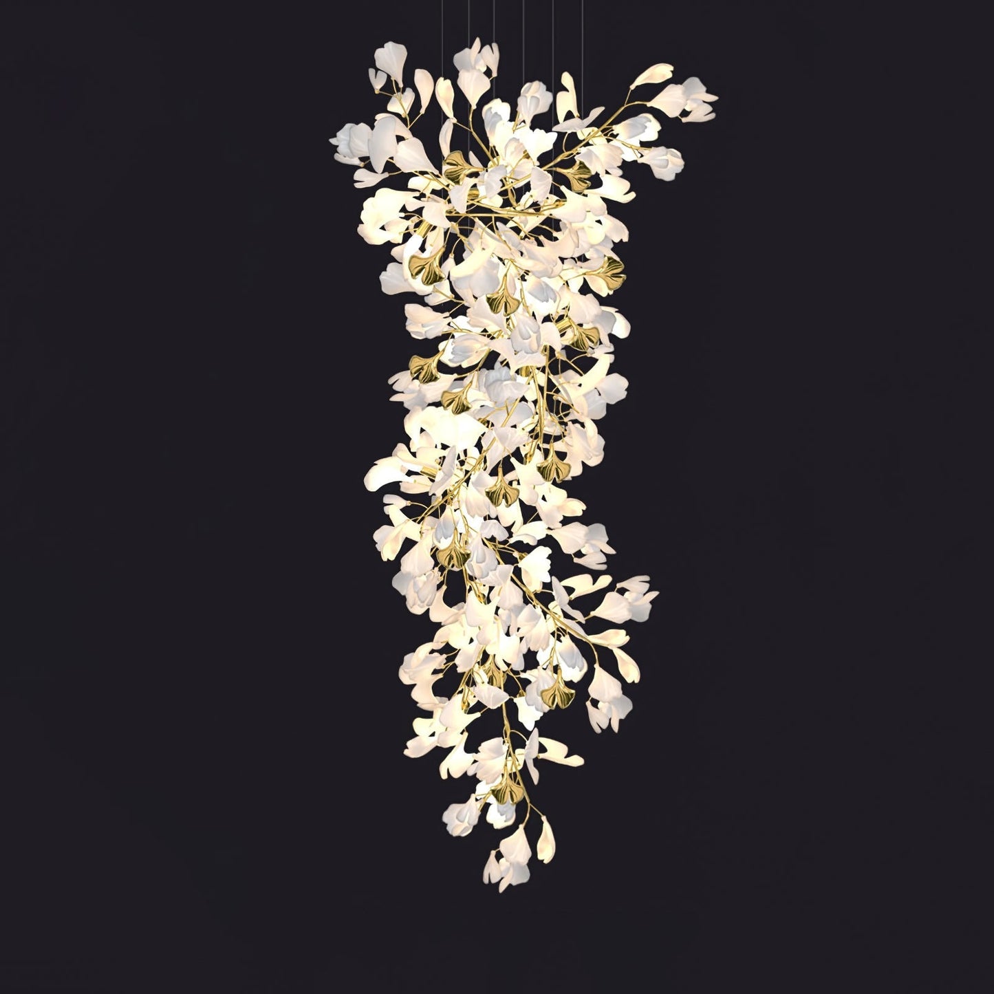 Gingko Chandelier Z Dia 27.6″ x H 118.1″ / Dia 70cm x H 300cm / Gold & White Chandelier