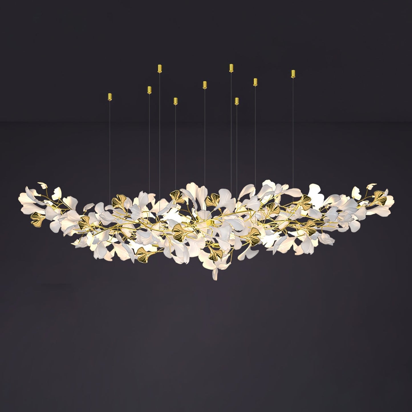 Gingko Chandelier Z L 78.7″ x W 27.6″ / L 200cm x W 70cm / Gold & White Chandelier