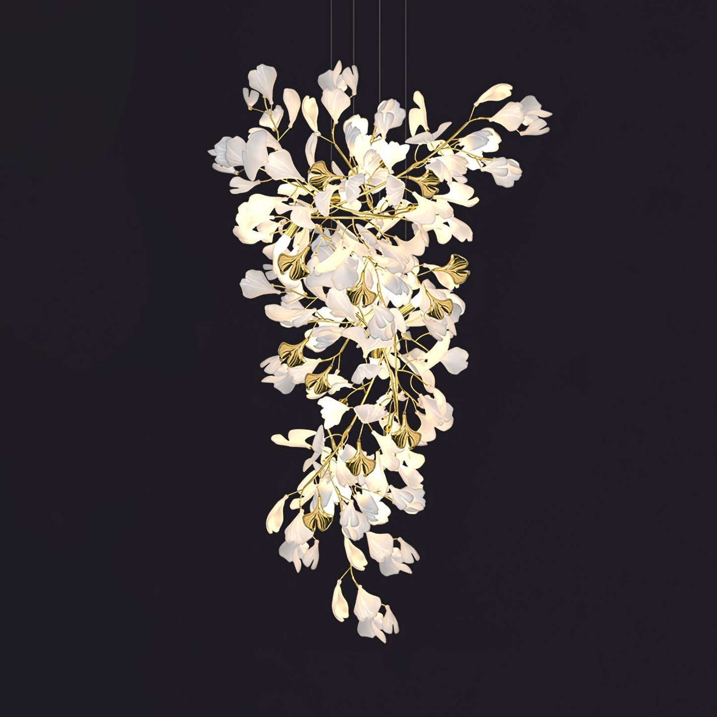 Gingko Chandelier Z Dia 23.6″ x H 59.1″ / Dia 60cm x H 150cm / Gold & White Chandelier