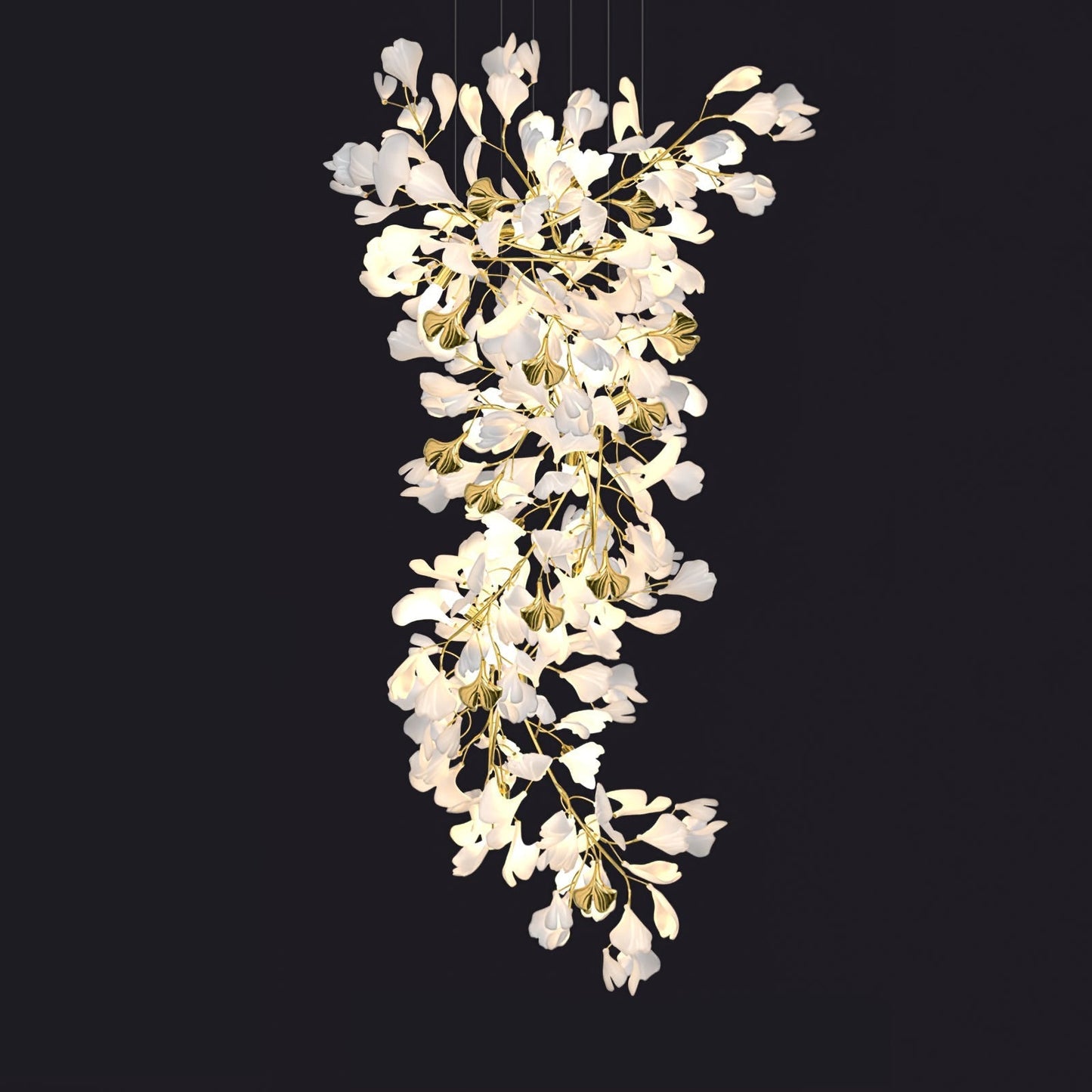 Gingko Chandelier Z Dia 27.6″ x H 78.7″ / Dia 70cm x H 200cm / Gold & White Chandelier