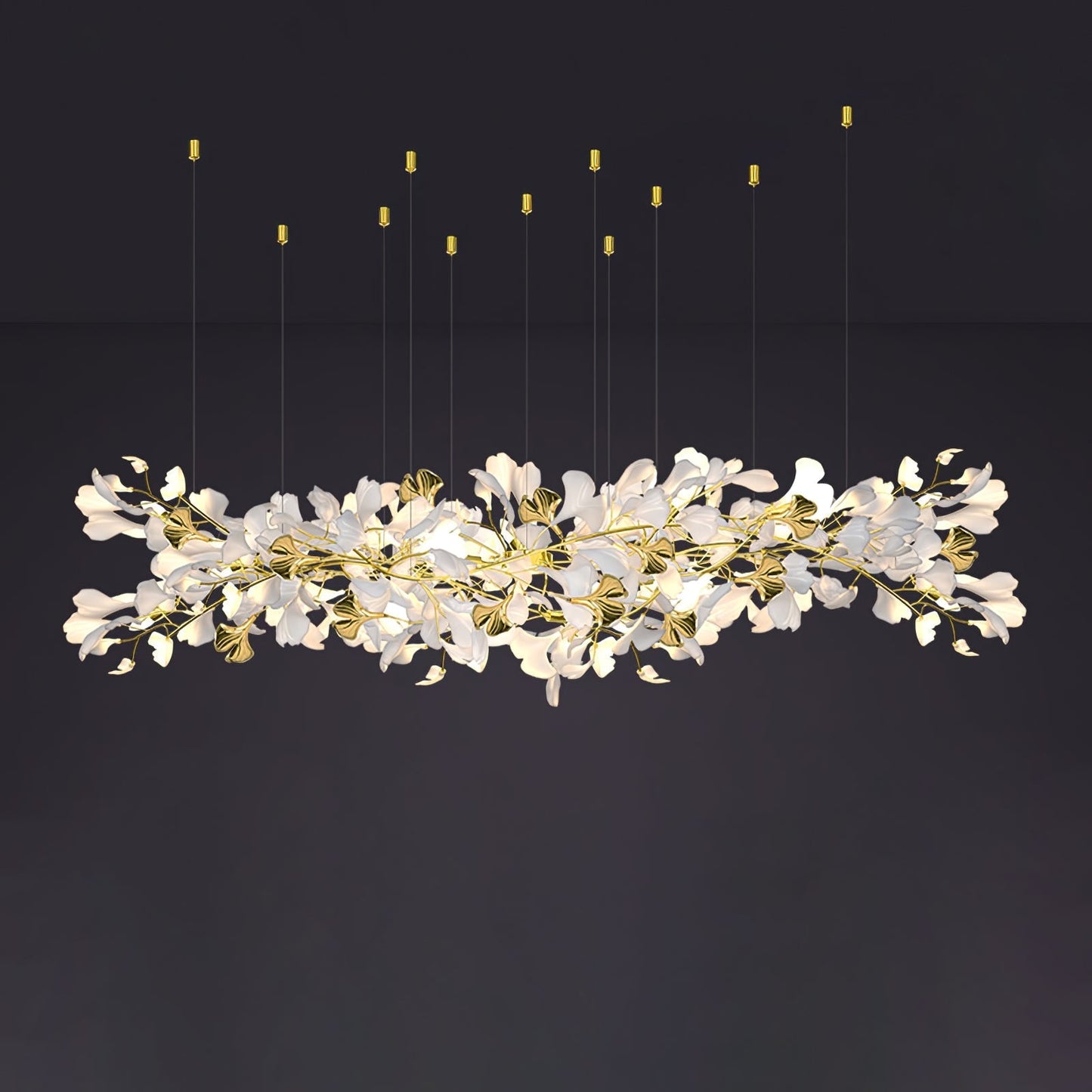 Gingko Chandelier Z L 98.4″ x W 23.6″ / L 250cm x W 60cm / Gold & White Chandelier