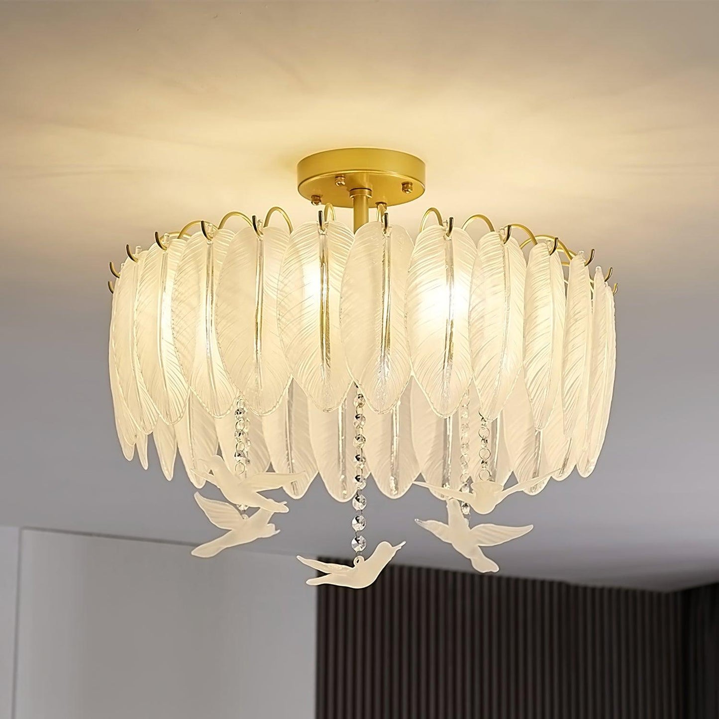 Glass Feather Ceiling Light Dia 19.7″ x H 17.3″ / Dia 50cm x H 44cm / Copper plated + Opaque Ceiling lamp
