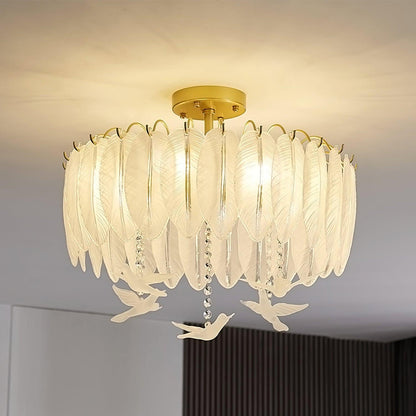 Glass Feather Ceiling Light Dia 19.7″ x H 17.3″ / Dia 50cm x H 44cm / Copper plated + Opaque Ceiling lamp