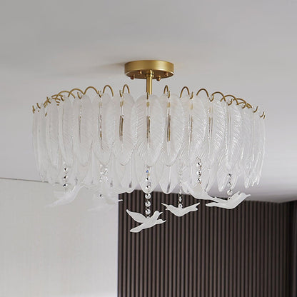 Glass Feather Ceiling Light Dia 23.6″ x H 17.3″ / Dia 60cm x H 44cm / Copper plated + Opaque Ceiling lamp
