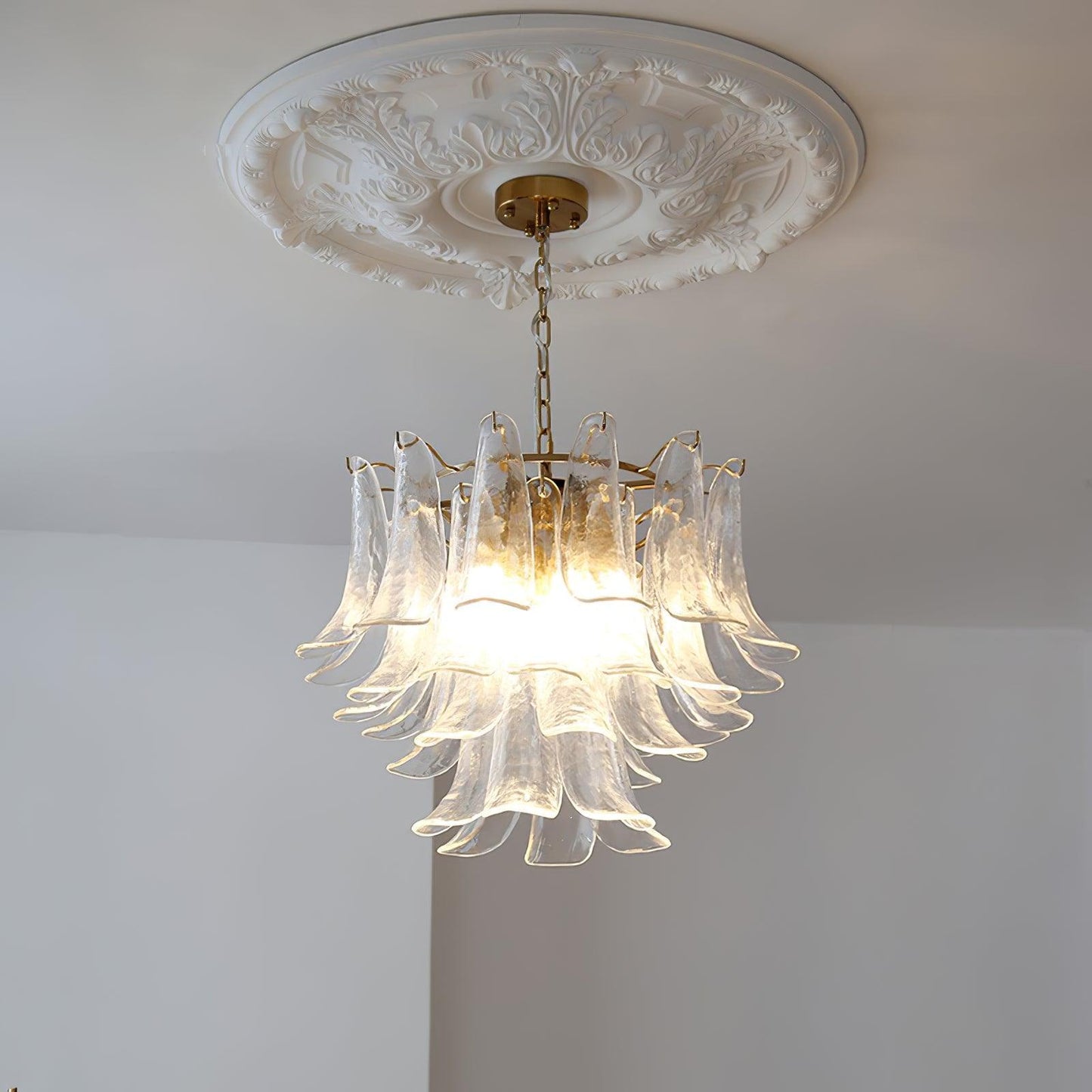 Glass Leaf Cascade Chandelier 4 Layer ? 23.6″ x H 19.6″ / Dia 60cm x H 50cm / Clear & Gold Chandelier