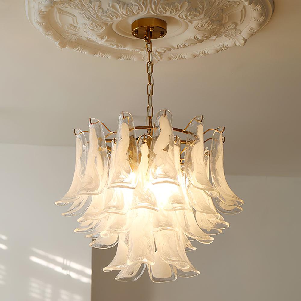 Glass Leaf Cascade Chandelier 4 Layer Dia 80cm x H 50cm / ? 31.5″ x H 19.6″ / White & Gold Chandelier