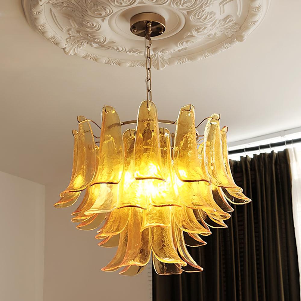 Glass Leaf Cascade Chandelier 4 Layer Dia 80cm x H 50cm / ? 31.5″ x H 19.6″ / Amber & Gold Chandelier
