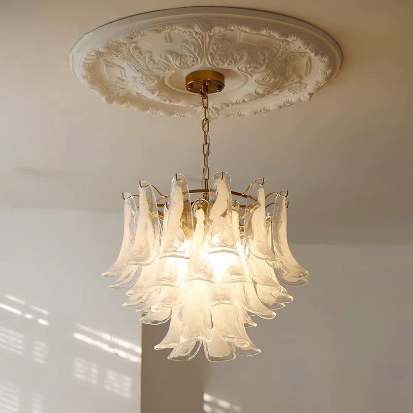 Glass Leaf Cascade Chandelier 4 Layer ? 23.6″ x H 19.6″ / Dia 60cm x H 50cm / White & Gold Chandelier