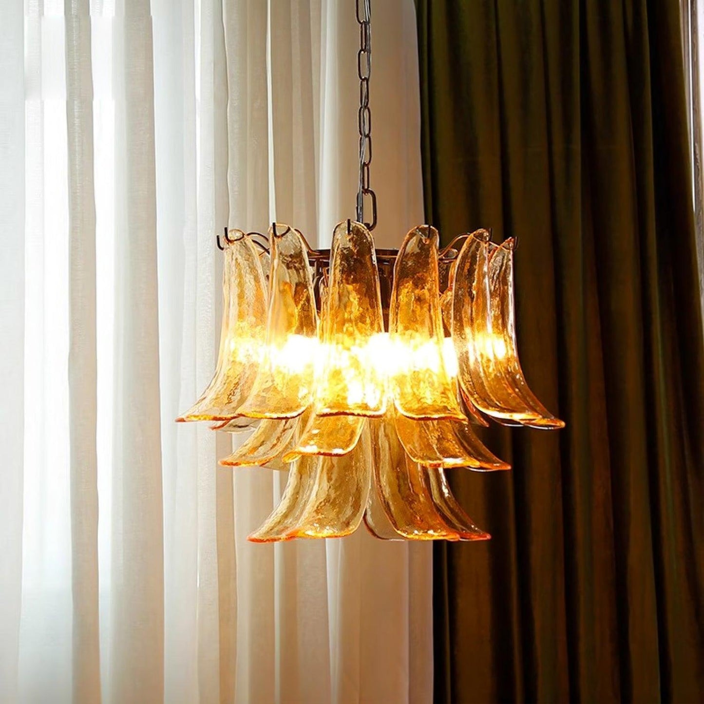 Glass Leaf Cascade Chandelier 3 Layer ? 19.6″ x H 16.9″ / Dia 50cm x H 43cm / Amber & Gold Chandelier
