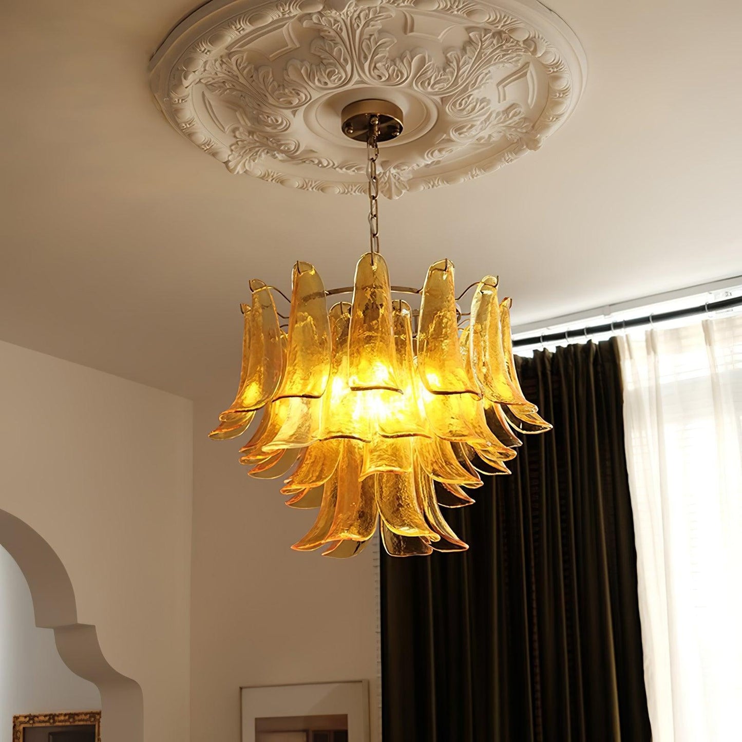 Glass Leaf Cascade Chandelier 4 Layer ? 23.6″ x H 19.6″ / Dia 60cm x H 50cm / Amber & Gold Chandelier