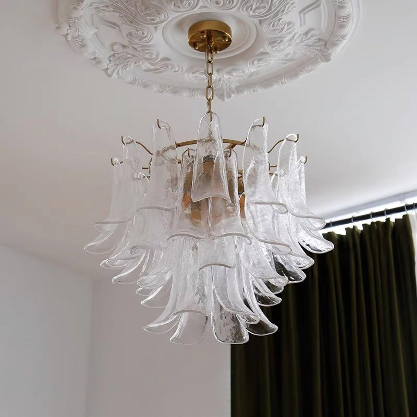 Glass Leaf Cascade Chandelier 4 Layer Dia 80cm x H 50cm / ? 31.5″ x H 19.6″ / Clear & Gold Chandelier