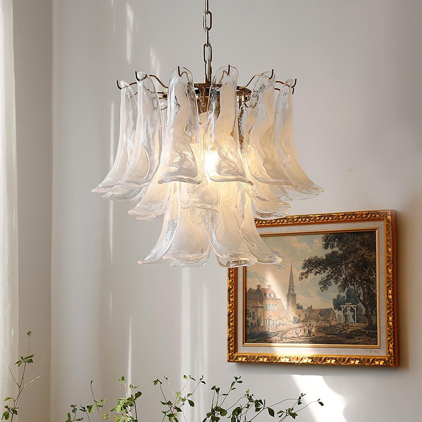 Glass Leaf Cascade Chandelier 3 Layer ? 19.6″ x H 16.9″ / Dia 50cm x H 43cm / White & Gold Chandelier