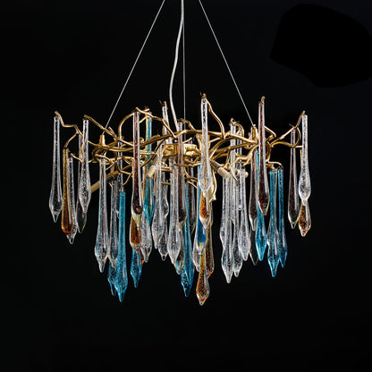 Gold Round Teardrop Chandelier Dia 23.6″ x H 23.6″ / Dia 60cm x H 60cm / Gold + Multicolored Glass Chandelier