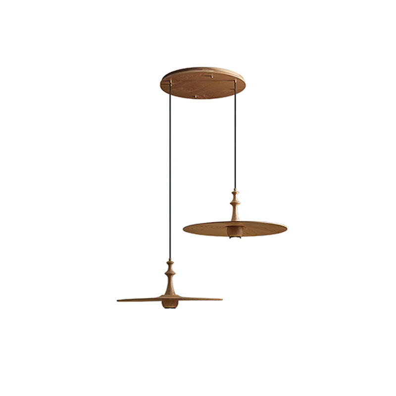 Spindle Disc Pendant Lamp Round canopy 2 heads: Dia 11.8″ x H 9.1″ / Wood Color Pendant light
