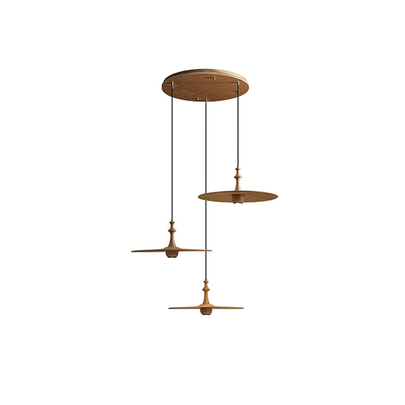 Spindle Disc Pendant Lamp Round canopy 3 heads: Dia 11.8″ x H 59.1″ / Wood Color Pendant light