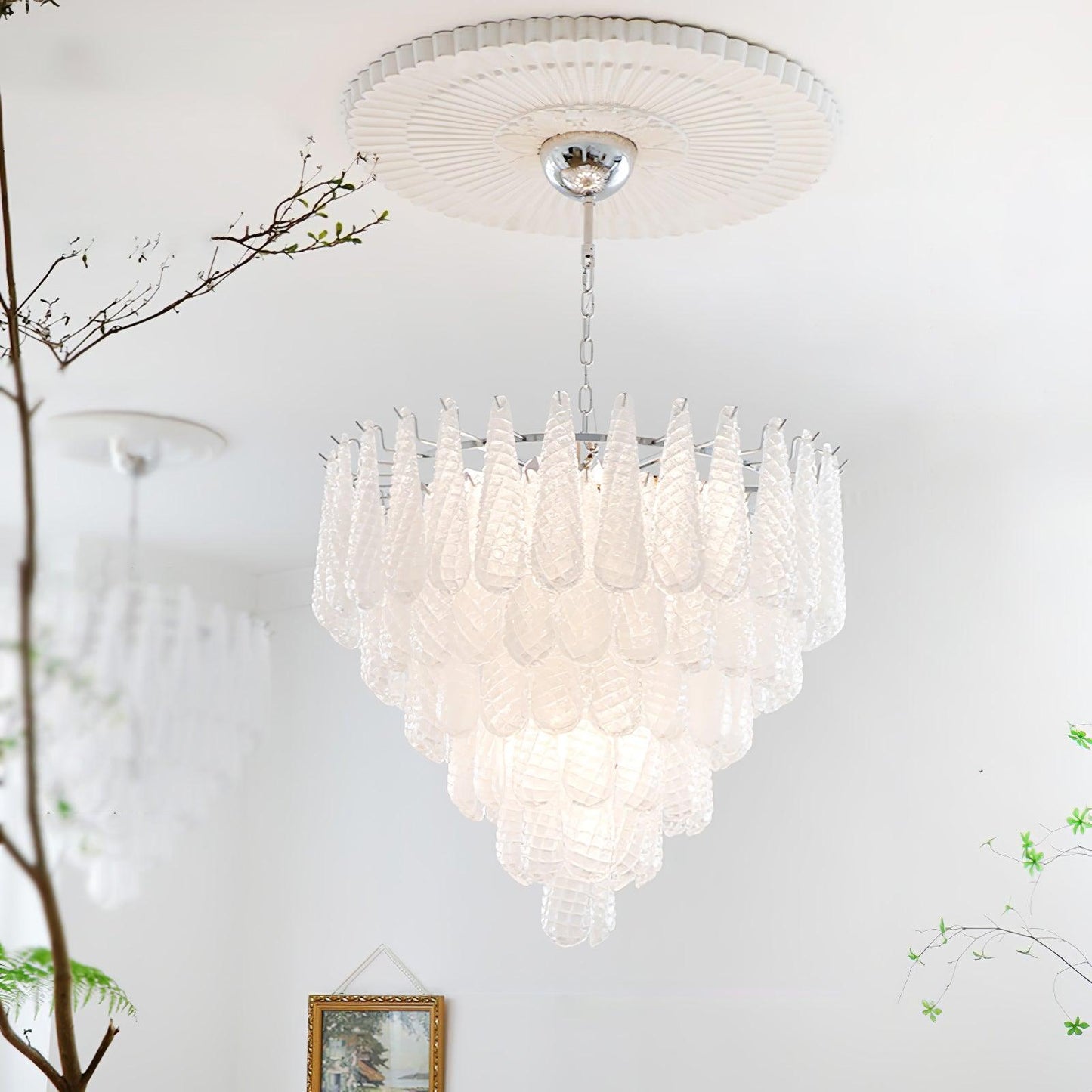 Grid Glass Waterfall Chandelier Dia 31.5″ x H 27.6″ / Dia 80cm x H 70cm / Chrome & White Chandelier