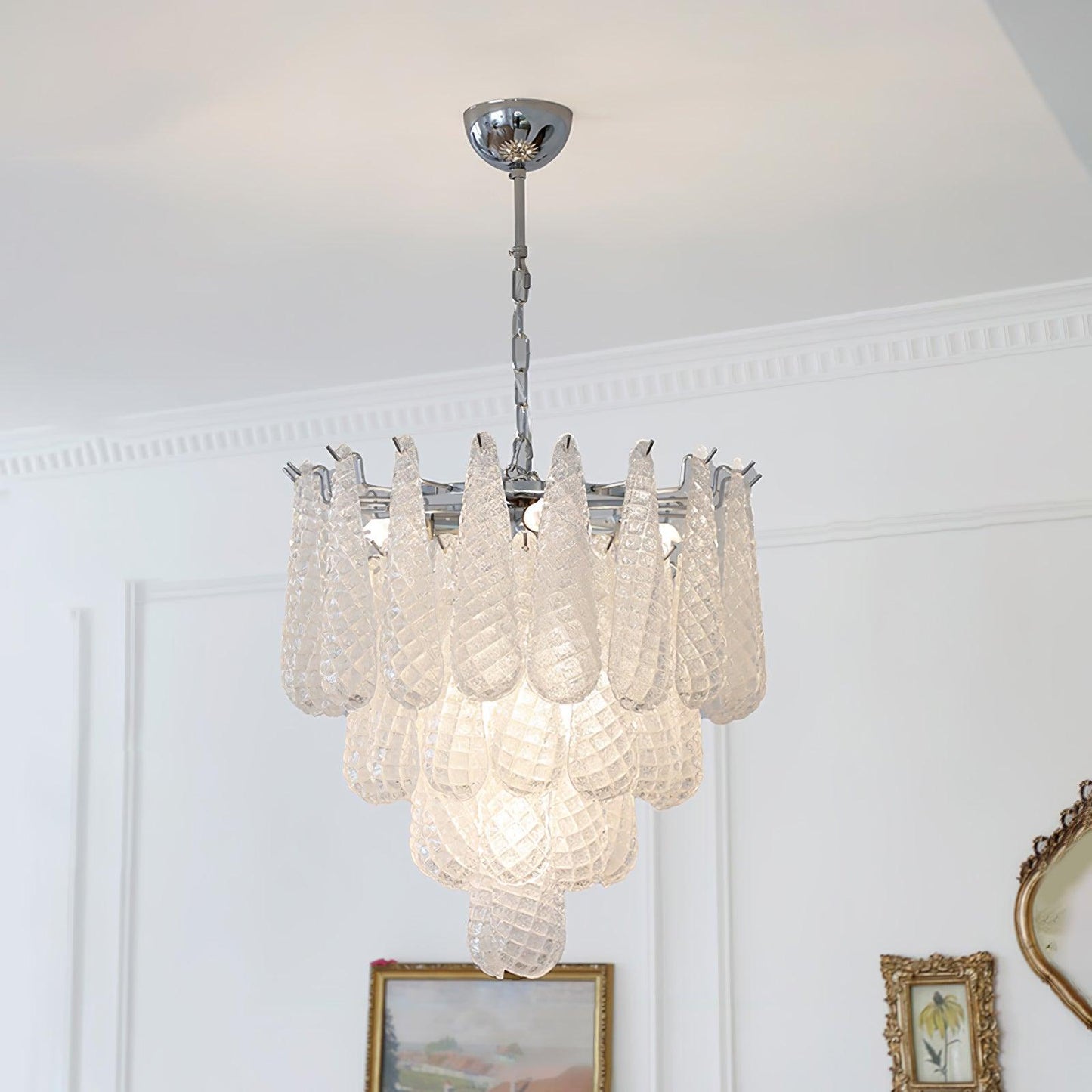 Grid Glass Waterfall Chandelier Dia 20.5″ x H 21.7″ / Dia 52cm x H 55cm / Chrome & White Chandelier