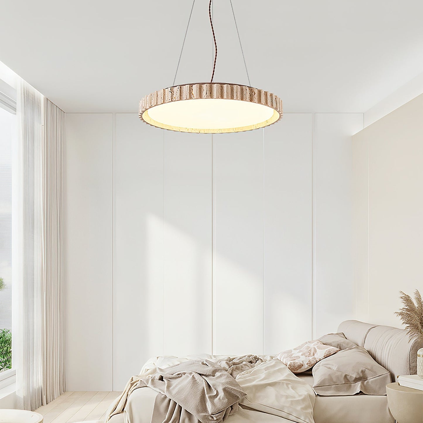 Grove Circle Pendant Light Dia 12.6’’ x H 2.8’’ / Yellow Travertine & White / Warm Light pendant Lamp