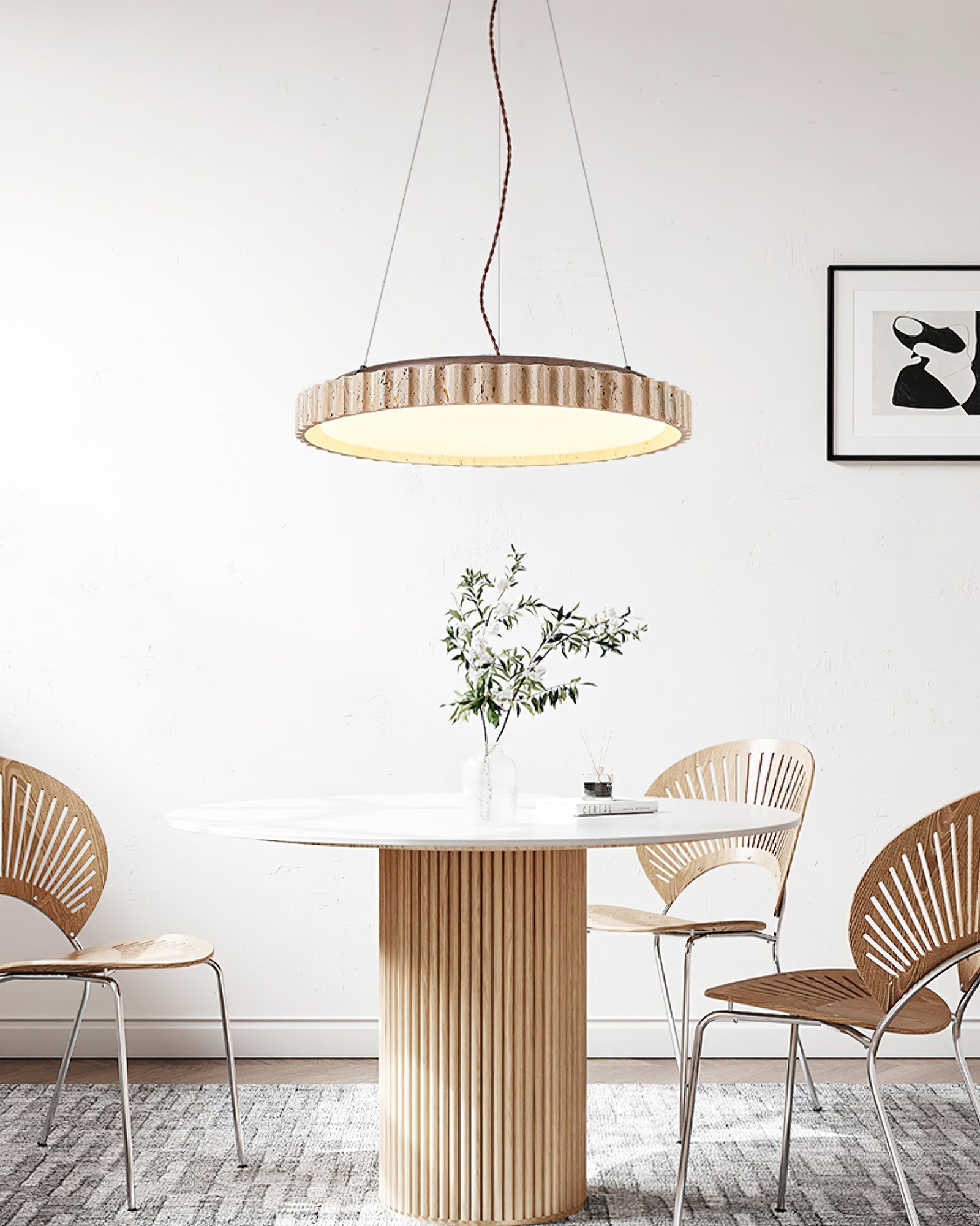 Grove Circle Pendant Light Dia 12.6’’ x H 2.8’’ / Yellow Travertine & White / Warm Light pendant Lamp