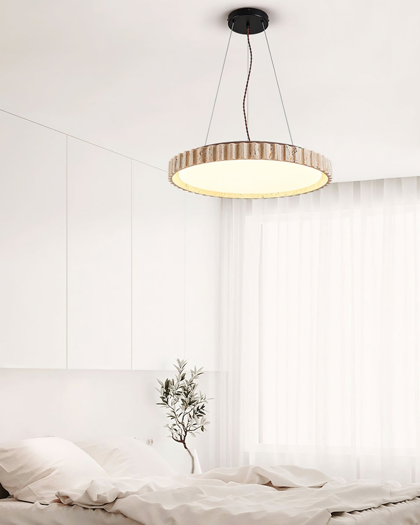 Grove Circle Pendant Light Dia 12.6’’ x H 2.8’’ / Yellow Travertine & White / Warm Light pendant Lamp