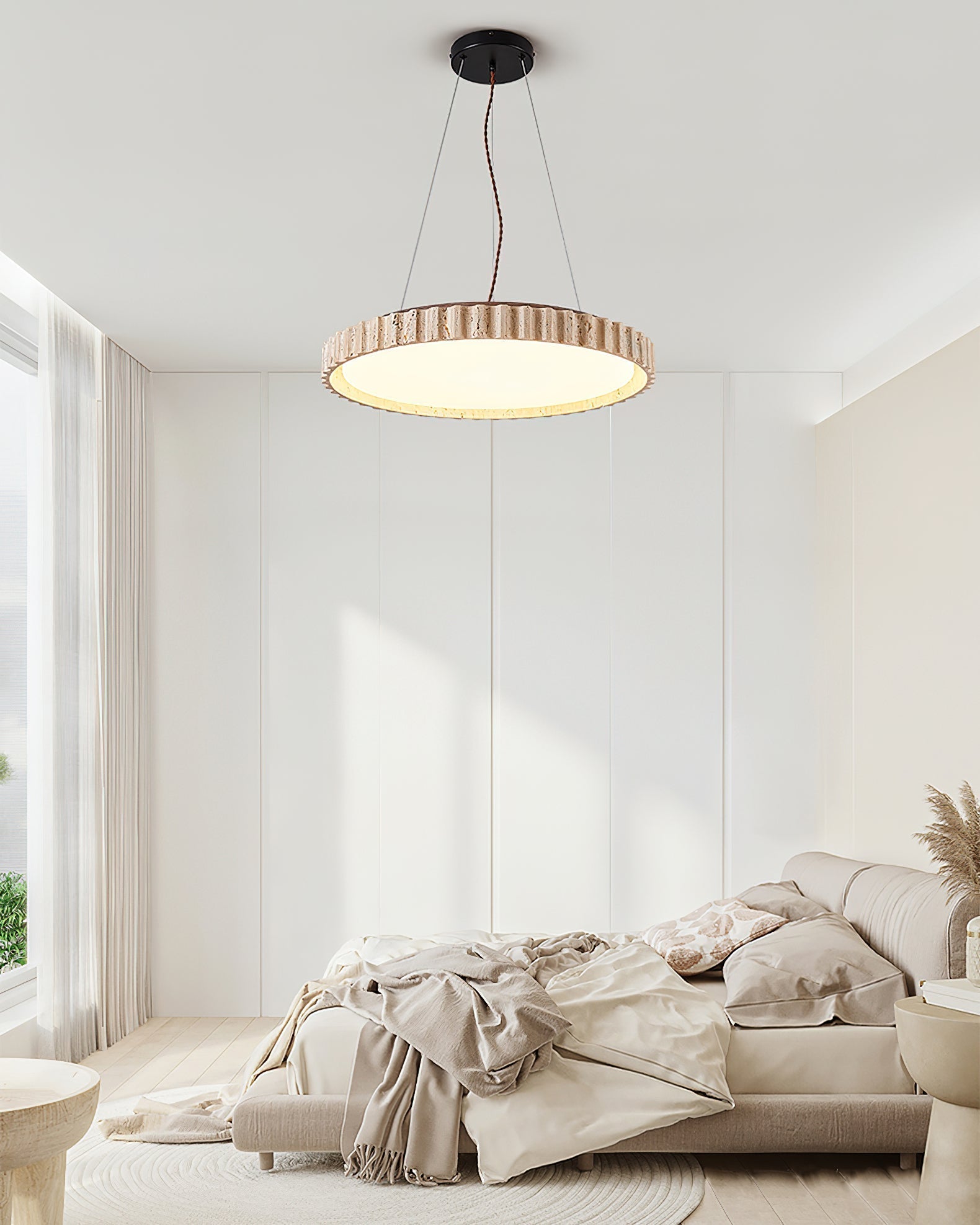 Grove Circle Pendant Light Dia 12.6’’ x H 2.8’’ / Yellow Travertine & White / Warm Light pendant Lamp