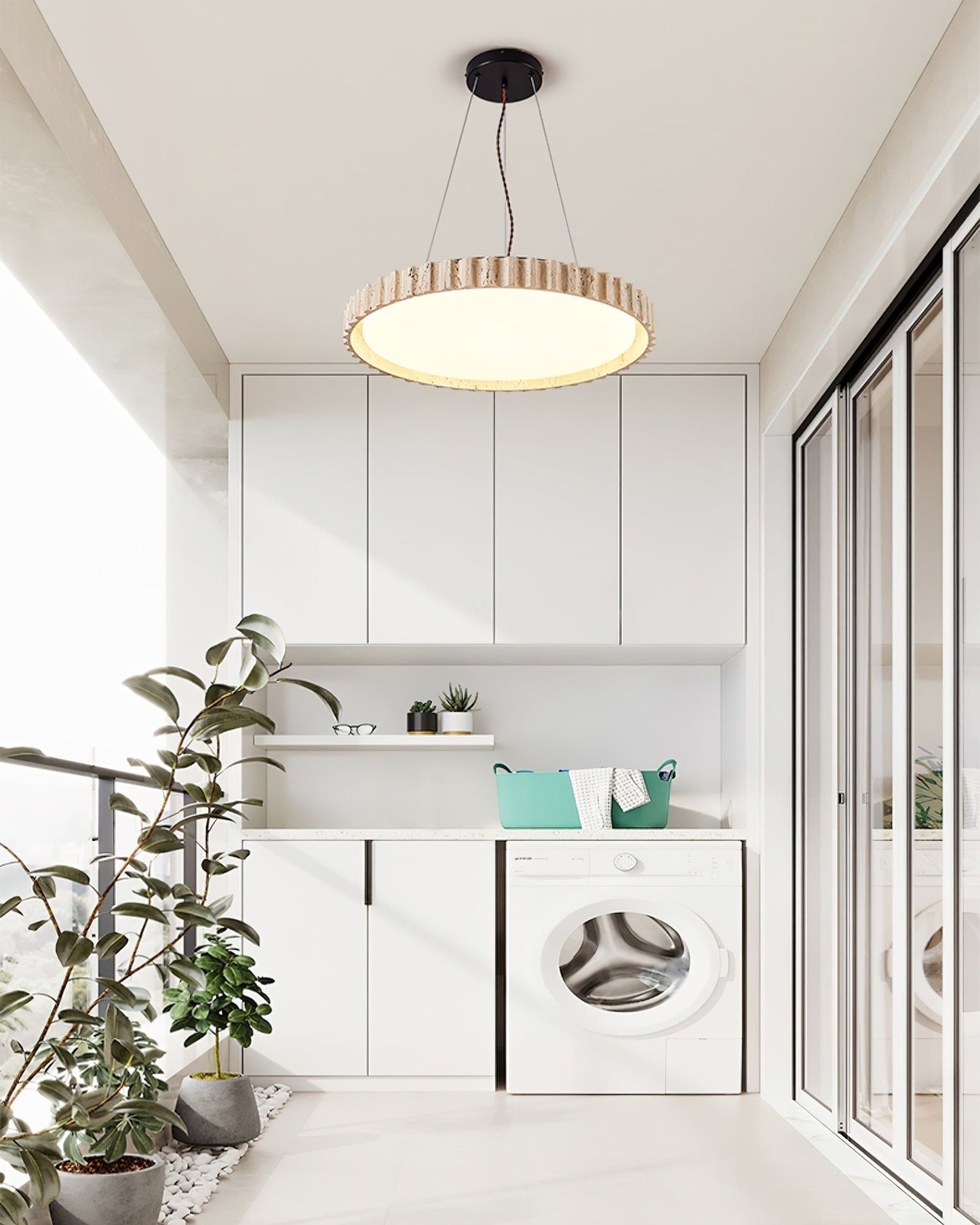 Grove Circle Pendant Light Dia 12.6’’ x H 2.8’’ / Yellow Travertine & White / Warm Light pendant Lamp