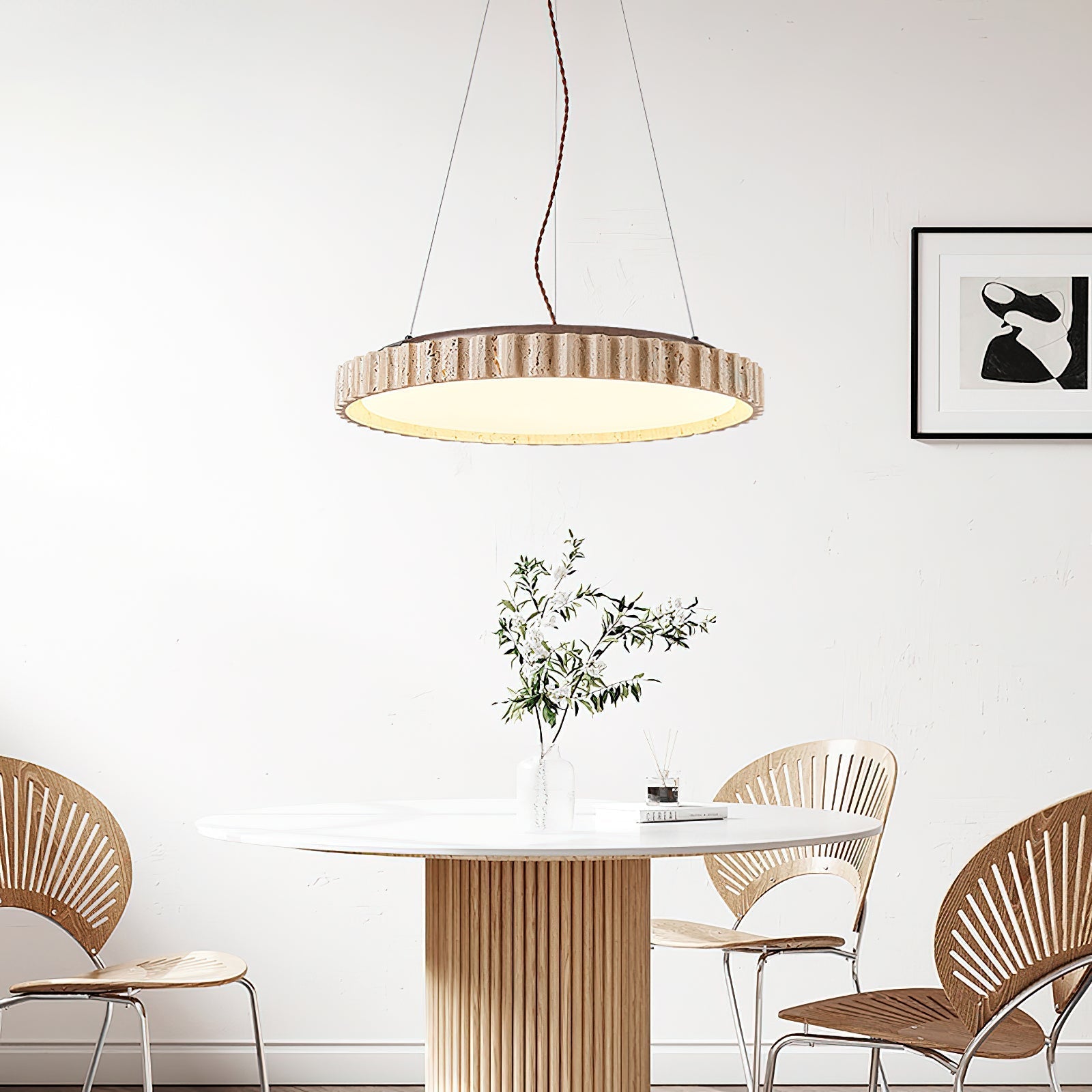 Grove Circle Pendant Light Dia 12.6’’ x H 2.8’’ / Yellow Travertine & White / Warm Light pendant Lamp