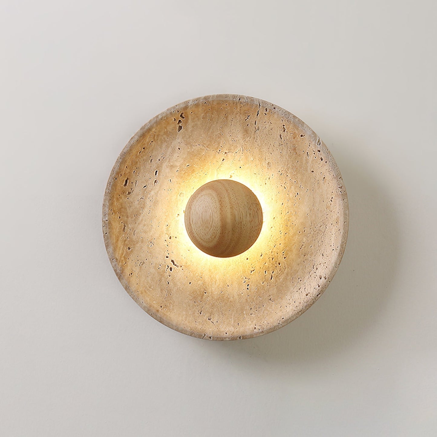 Halo Travertine Wall Light Dia 25cm x H 25cm / ? 9.8″ x H 9.8″ / Wood Color & Yellow Travertine / Warm Light 1001 Wall