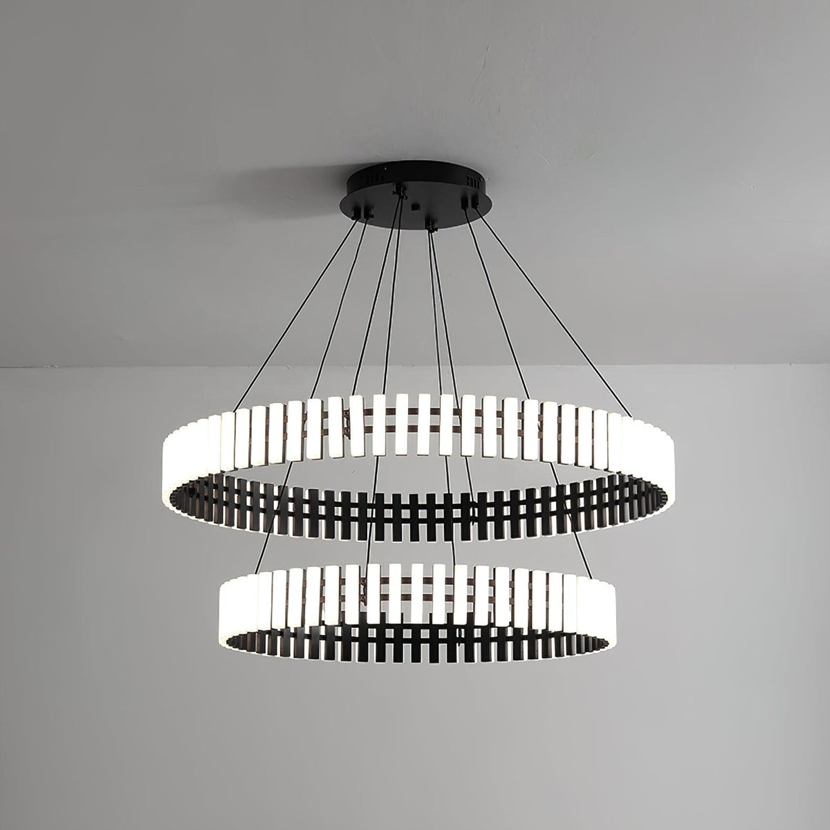 Hanging LED Chandelier Dia 15.7″ + Dia 23.6″ x H 59″ / Black&White / Warm Light Chandelier