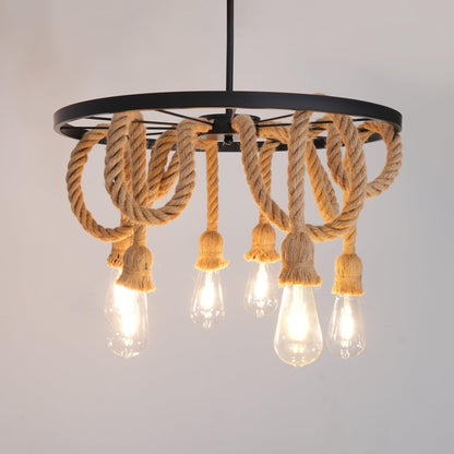 Hemp Rope Industrial Six Head Chandelier Dia 19.7″ x H 19.7″ / Dia 50cm x H 50cm / Black & Linen color Chandelier