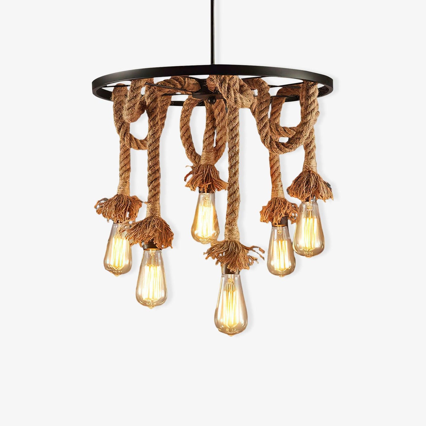 Hemp Rope Industrial Six Head Chandelier Dia 19.7″ x H 19.7″ / Dia 50cm x H 50cm / Black & Linen color Chandelier