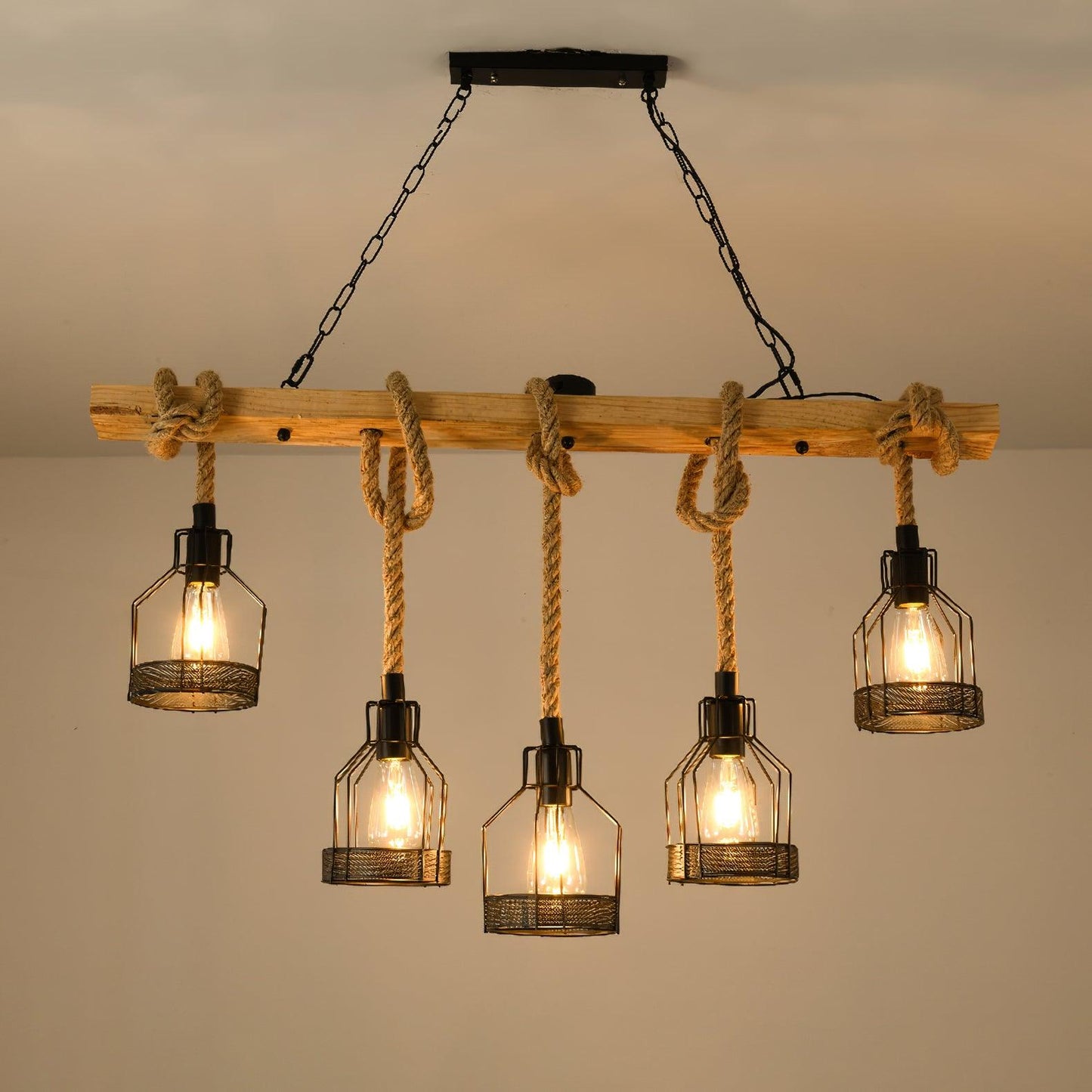 Hemp Rope Industrial Grenade Chandelier 5Heads L 43.3″ x H 23.6″ / L 110cm x H 60cm / Wood color & Linen color