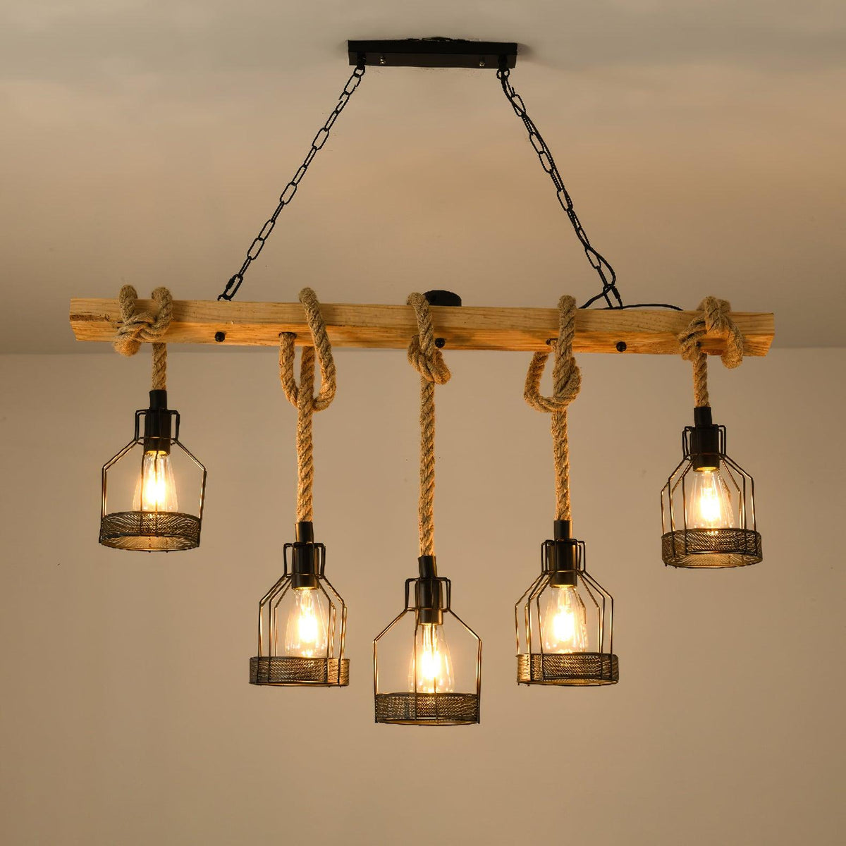 Hemp Rope Industrial Grenade Chandelier 5Heads L 43.3″ x H 23.6″ / L 110cm x H 60cm / Wood color & Linen color